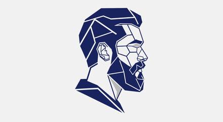 Abstract Geometric Profile Portrait of a Bearded Man with Modern Haircut, Created with Blue Polygons on a Bright Gray Background © Joyo