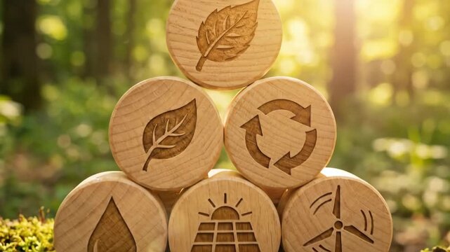 Wooden eco-friendly symbols stacked in a pyramid formation on a mossy surface, illuminated by soft sunlight filtering through trees in a serene forest setting