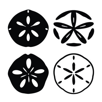 Collection of stylized sand dollar designs in black and white silhouette and outline styles