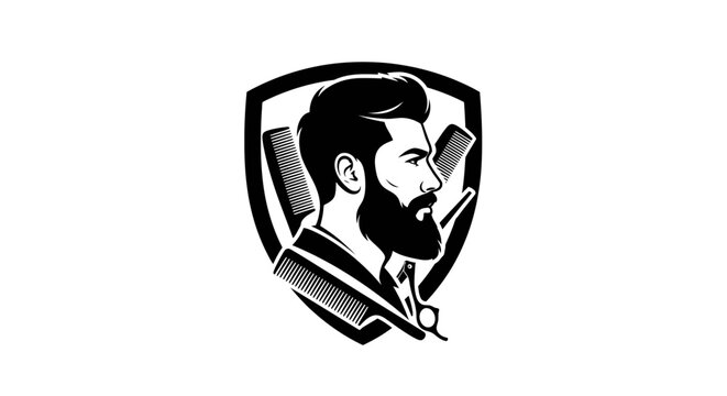 Barbershop logo emblem with stylish bearded man profile and grooming tools in a shield on isolated white background