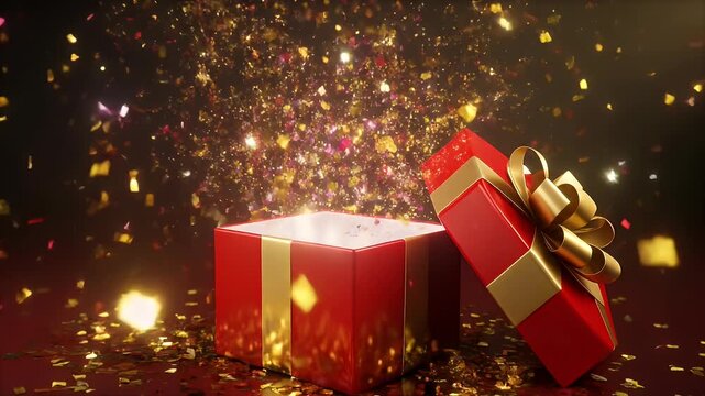 Dramatic Open Red Gift Box Exploding with Golden Confetti and Sparkling Light on Dark Background, Symbolizing Surprise and Celebration