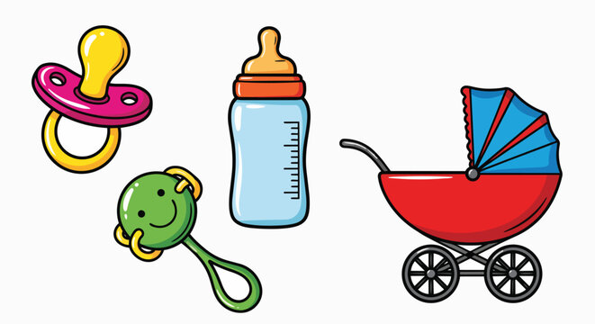 Cute baby accessories set for newborns and toddlers pacifier bottle rattle stroller illustration cartoon vector