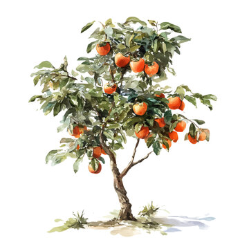 watercolor of Persimmon Tree, vector, isolated on a white background.