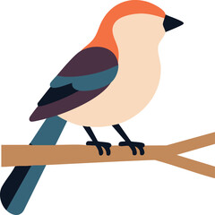 Vibrant bullfinch bird perched on a branch with orange crest, beige body, purple wings, blue tail feathers, detailed feathers in soft pastel tones for nature lovers