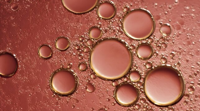 Close up abstract view of red oil droplets suspended in liquid with tiny bubbles and textures