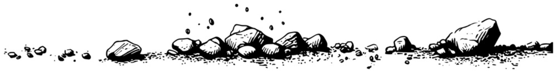 Hand drawn horizontal composition of scattered rocks and stones with engraving texture © AdrianGebert