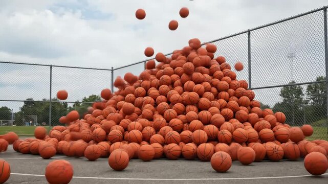 Pile of orange basketballs cascading down from above onto a court, creating a dynamic scene of bouncing balls in a fenced outdoor sports area