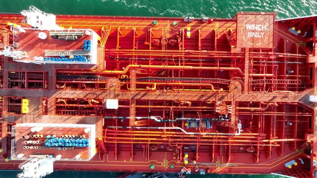 Aerial view of big oil, chemical tanker sails. Tanker ship logistic and transportation business oil and gas industry. Close up