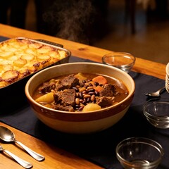 Traditional Jewish Catering Buffet Table Cholent Stew, Potato Kugel, and Sabbath Food Spread in Moody Restaurant Lighting
