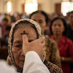 Asian Devotion on Ash Wednesday, Close Up Forehead with Cross Ashes, Religious Ritual, Catholic Faith Symbolism