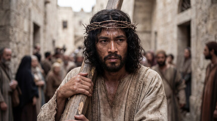 Powerful Asian Jesus Portrait, Suffering Savior Carrying Cross on Via Dolorosa, Closeup Emotional Biblical Scene