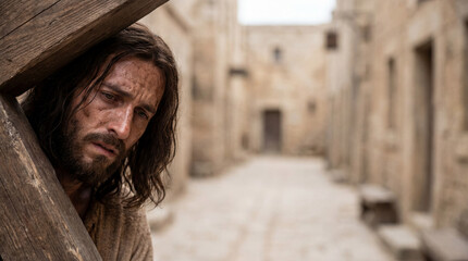 Powerful Closeup of Suffering Jesus Carrying Cross, Agony and Sacrifice, Via Dolorosa Scene, Christian Faith Background