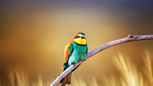 A vibrant European bee-eater perched on a dry curved branch with a blurred golden background. Its vivid plumage of turquoise, chestnut, and yellow makes it one of nature&rsquo;s most colorful birds