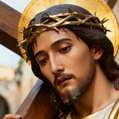 Suffering Savior Close Up Emotional Jesus with Asian Indonesian Features Carrying Cross on Via Dolorosa, Blurred Background