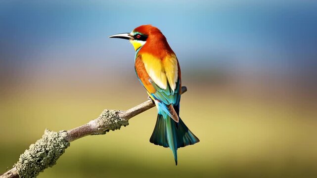 A vibrant European bee-eater perched on a dry curved branch with a blurred golden background. Its vivid plumage of turquoise, chestnut, and yellow makes it one of nature&rsquo;s most colorful birds