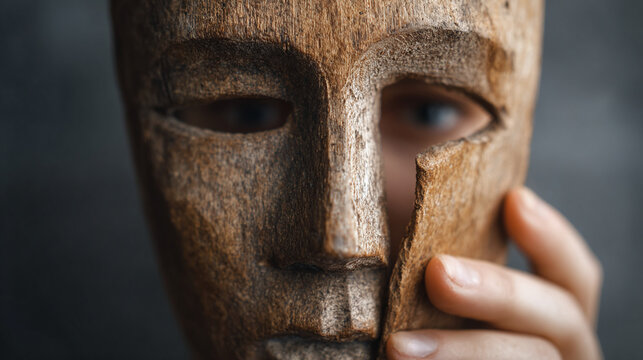 Person holds wooden mask revealing face. Concept of identity change, inner self, and authentic expression. Revealing truth, overcoming deception, or starting anew