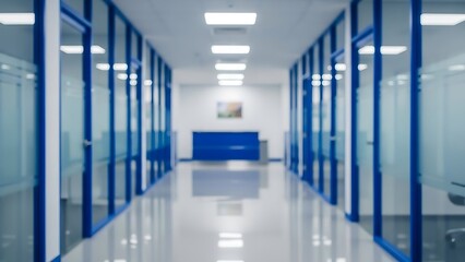 Blurred office hallway with blue framed glass walls and white floors