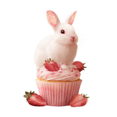 Cute white bunny sitting on strawberry cupcake with fresh strawberries around it in a fun dessert scene