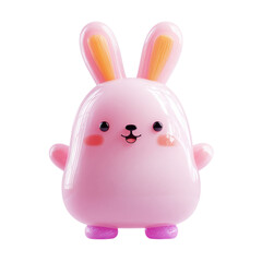 Cute pink bunny figure with large ears and a smiling face placed on a plain background during daytime