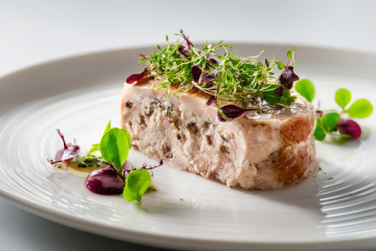 Gourmet chicken galantine micro green appetizer inviting hungry diner with elegant plating and savory poultry texture served on white plate for sophisticated fine dining experience