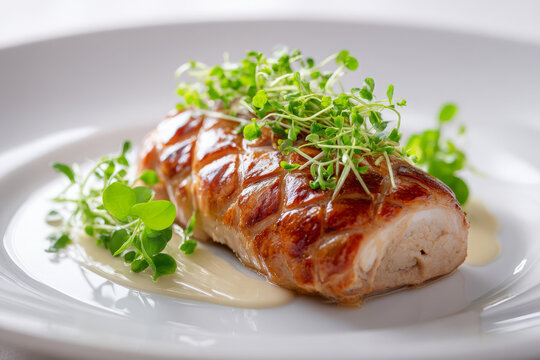 Chicken galantine gourmet micro green roasted sauce plate poultry meat culinary masterpiece evokes elegant satisfaction through expert preparation for fine dining restaurant menu presentation