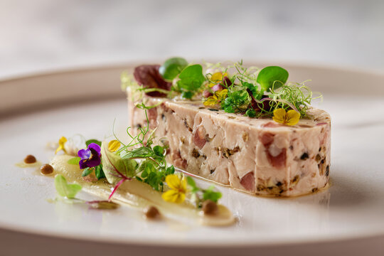Chicken galantine microgreen gourmet appetizer plate terrine culinary meat poultry presented with sophisticated artistic elegance. Inviting savory meal feels fresh healthy natural