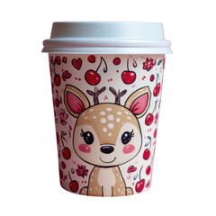 Cute coffee cup with a deer design and cherry decorations in a simple setting