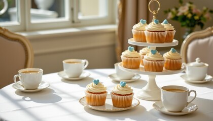 Elegant Tea Party Setting with Cupcakes and Floral Decor