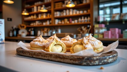 Freshly Baked Profiteroles Rustic Wooden Platter