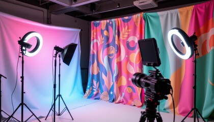 Vibrant Studio Setup with Creative Lighting and Colorful Backdrops