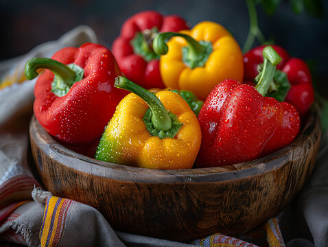 Colorful bell peppers in wooden bowl and basket, fresh organic red yellow green capsicum harvest, farm nature and healthy diet vegetable background

