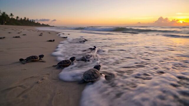 Baby sea turtles rush towards the shimmering ocean, scuttling across the sandy beach at sunset. Their tiny flippers propel them forwardas they embark on their journey to the sea.