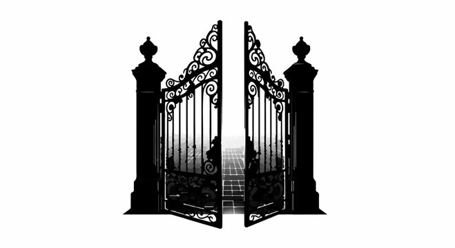 Ornate black gates swing open revealing a distant, bright pathway, symbolizing opportunity and new beginnings.