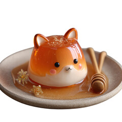 Cute dessert shaped like a fox on a plate with honey and flowers served in a studio setting