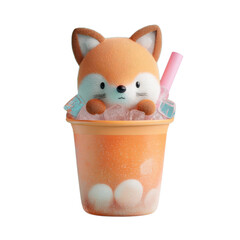 Cute fox toy sits inside a drink filled with ice and a pink straw on a clear surface in bright lighting