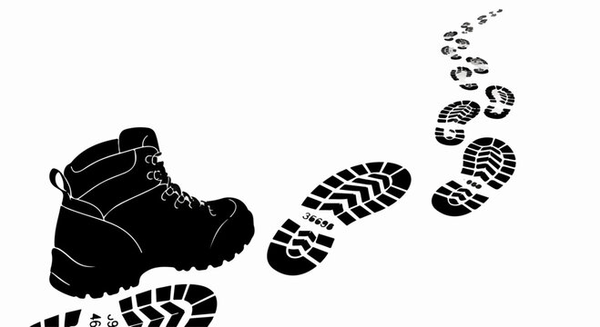 Black hiking boot leaving a trail of footprints against a white background, symbolizing adventure and journey
