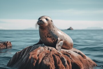 Seal pup resting on a rock, watching the surrounding ocean and marine environment
