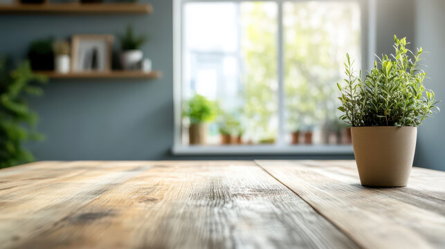 Wooden table indoor plant potted plant home interior natural light cozy room green foliage window view blurred background minimalist decor Calm wooden table with indoor plant potted plant home