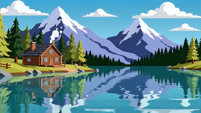 Cozy log cabin by tranquil lake with mountains and forest