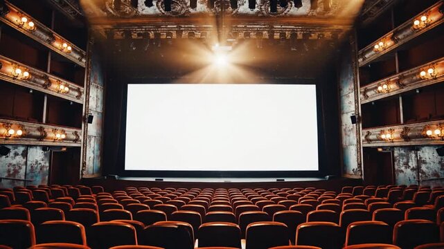 An empty cinema with rows of red seats facing a large blank screen under a bright spotlight in an ornate theater