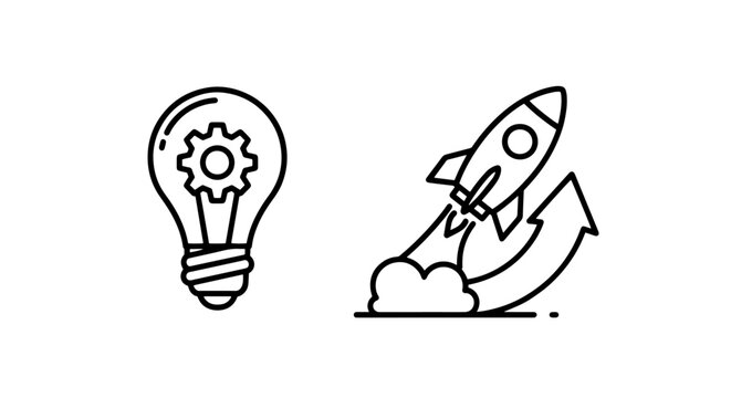 Icons of a lightbulb with gear and a rocket taking off with arrow chart