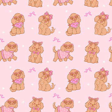 Cute cavoodle dog Coquette seamless pattern with heart sunglasses hand drawn