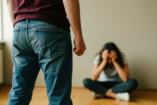 Man stands with a clenched fist in a tense indoor scene. Aggressive man faces a distressed woman sitting on the floor. Clenched fist highlights a domestic abuse situation.