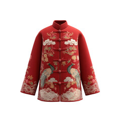 red short cheongsam dress with a golden floral pattern, front view, white background, high-definition photography. 