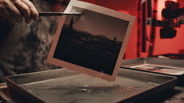 Cinematic slow motion capture of professional analog photography darkroom printing process using traditional manual liquid chemical development techniques in atmospheric red light studio.