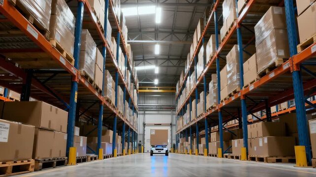 warehouse shelves with boxes and mini robot