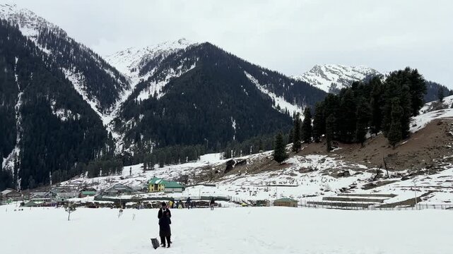 Peaceful natural landscape of Aru Valley featuring lush green meadows, pine forests, flowing rivers, and majestic Himalayan mountains near Pahalgam, Kashmir.
