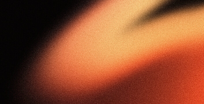 Dark grainy background, red orange abstract color gradient shape on black backdrop, noise texture effect, copy space