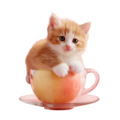 Cute orange kitten sits in a pink cup on a saucer with a soft background during the day