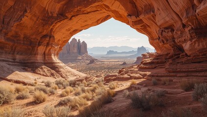 View of Distant Rock Formations Through a Natural Arch in a Desert Location During Daytime